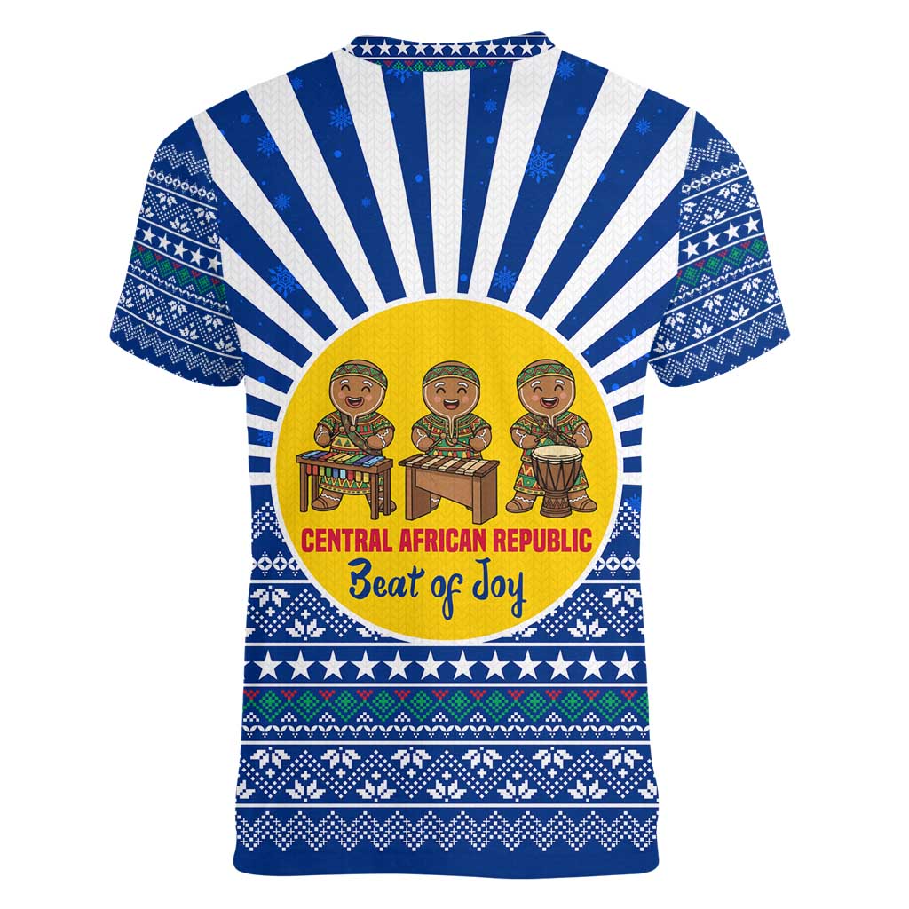 Central African Republic Christmas Women V-Neck T-Shirt with Drumming Kids Beat of Joy Tribal Pattern and Snowflakes - Wonder Print Shop