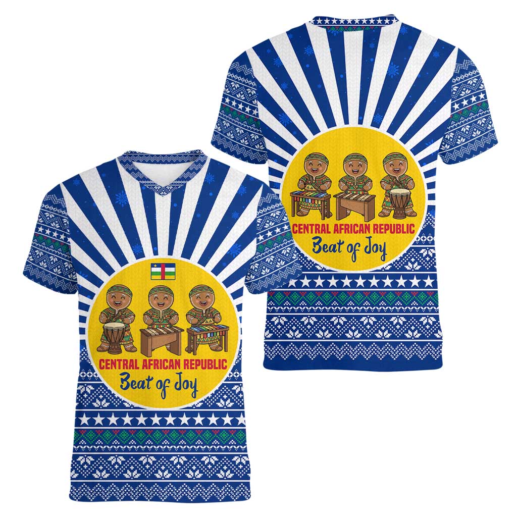 Central African Republic Christmas Women V-Neck T-Shirt with Drumming Kids Beat of Joy Tribal Pattern and Snowflakes - Wonder Print Shop
