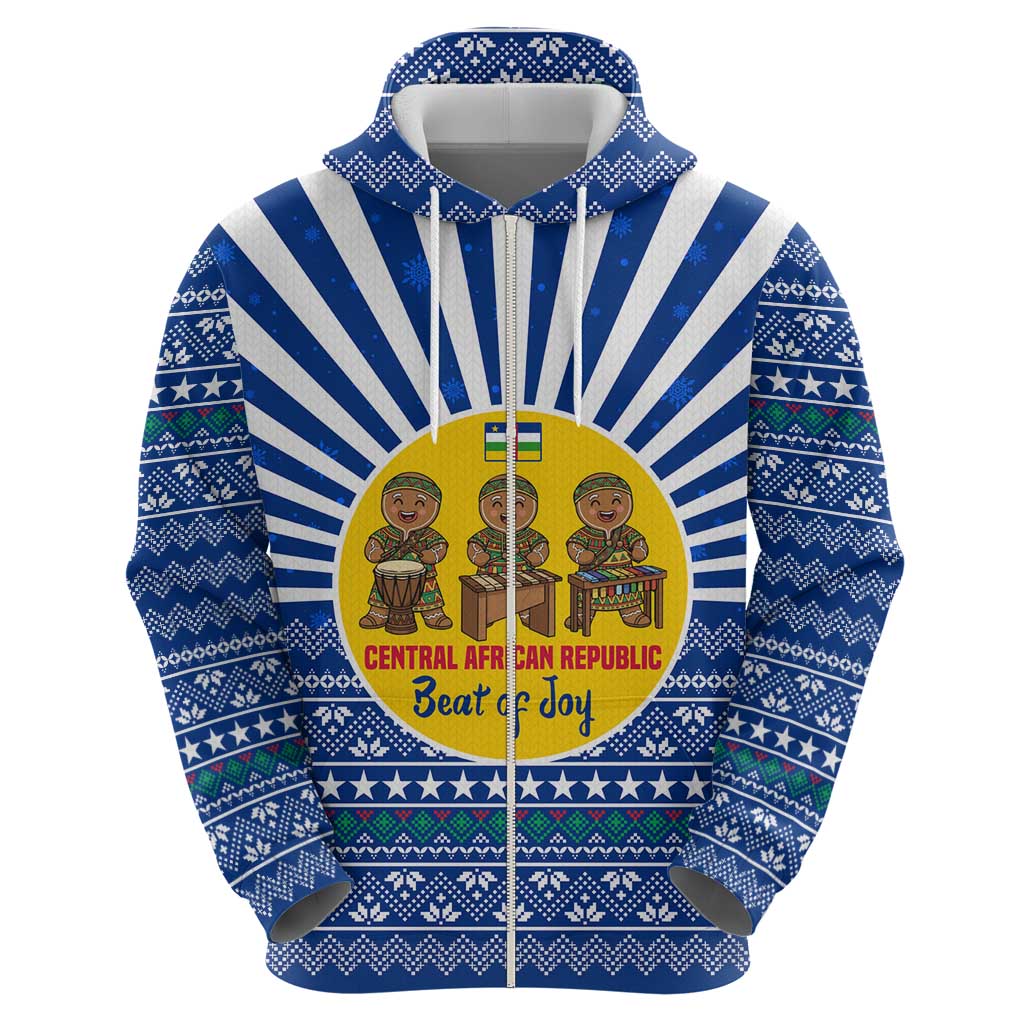 Central African Republic Christmas Zip Hoodie with Drumming Kids Beat of Joy Tribal Pattern and Snowflakes - Wonder Print Shop
