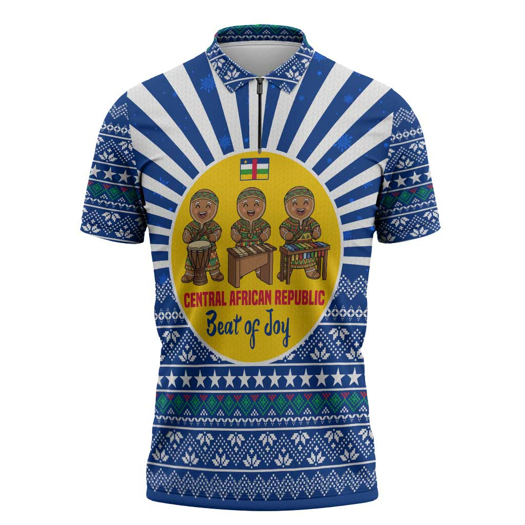 Central African Republic Christmas Zipper Polo Shirt with Drumming Kids Beat of Joy Tribal Pattern and Snowflakes - Wonder Print Shop