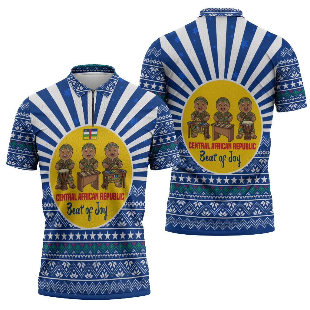 Central African Republic Christmas Zipper Polo Shirt with Drumming Kids Beat of Joy Tribal Pattern and Snowflakes - Wonder Print Shop