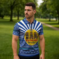 Central African Republic Christmas Zipper Polo Shirt with Drumming Kids Beat of Joy Tribal Pattern and Snowflakes - Wonder Print Shop