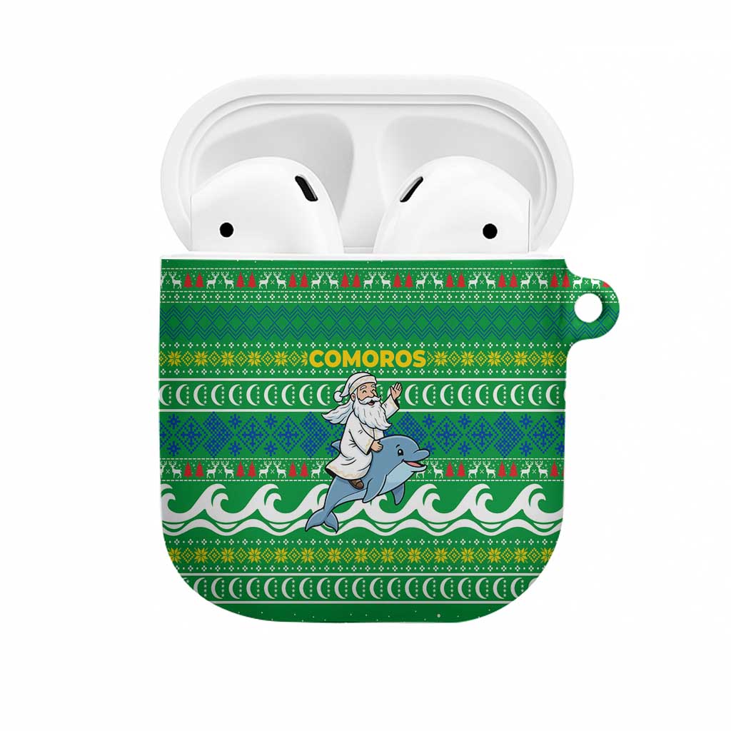Comoros Christmas AirPods Case with Santa Riding Dolphin Ocean Waves Crescent Moon and Tribal Pattern - Wonder Print Shop