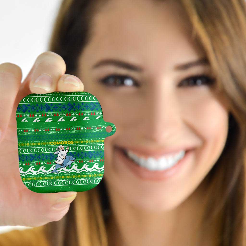 Comoros Christmas AirPods Case with Santa Riding Dolphin Ocean Waves Crescent Moon and Tribal Pattern - Wonder Print Shop
