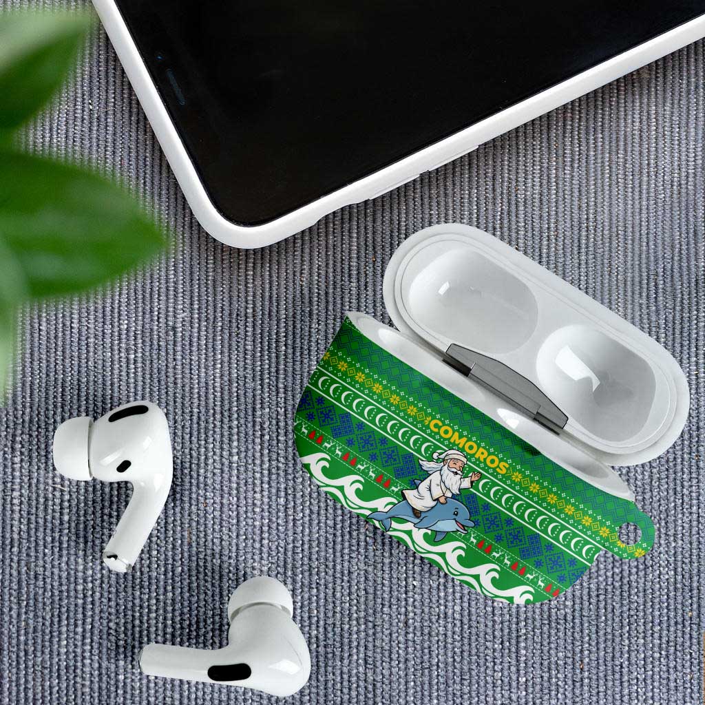Comoros Christmas AirPods Case with Santa Riding Dolphin Ocean Waves Crescent Moon and Tribal Pattern - Wonder Print Shop