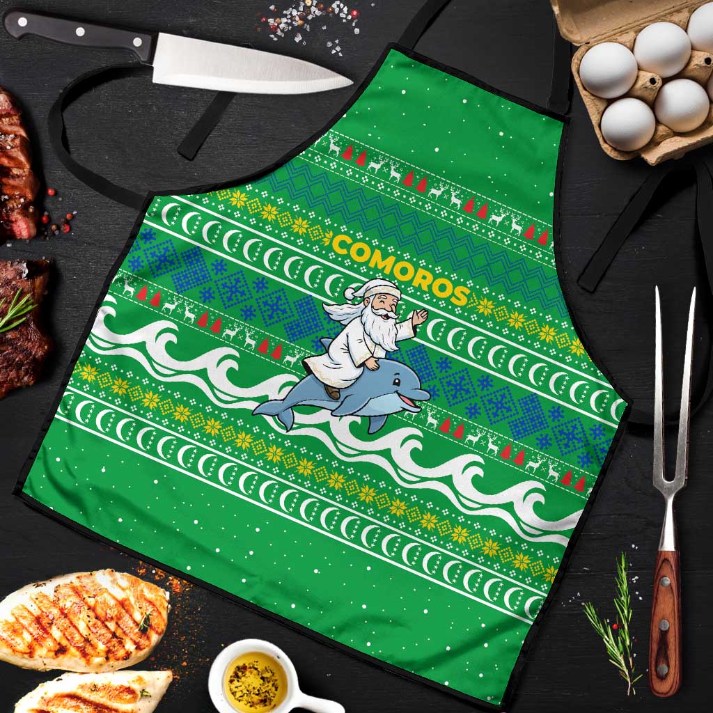 Comoros Christmas Apron with Santa Riding Dolphin Ocean Waves Crescent Moon and Tribal Pattern - Wonder Print Shop