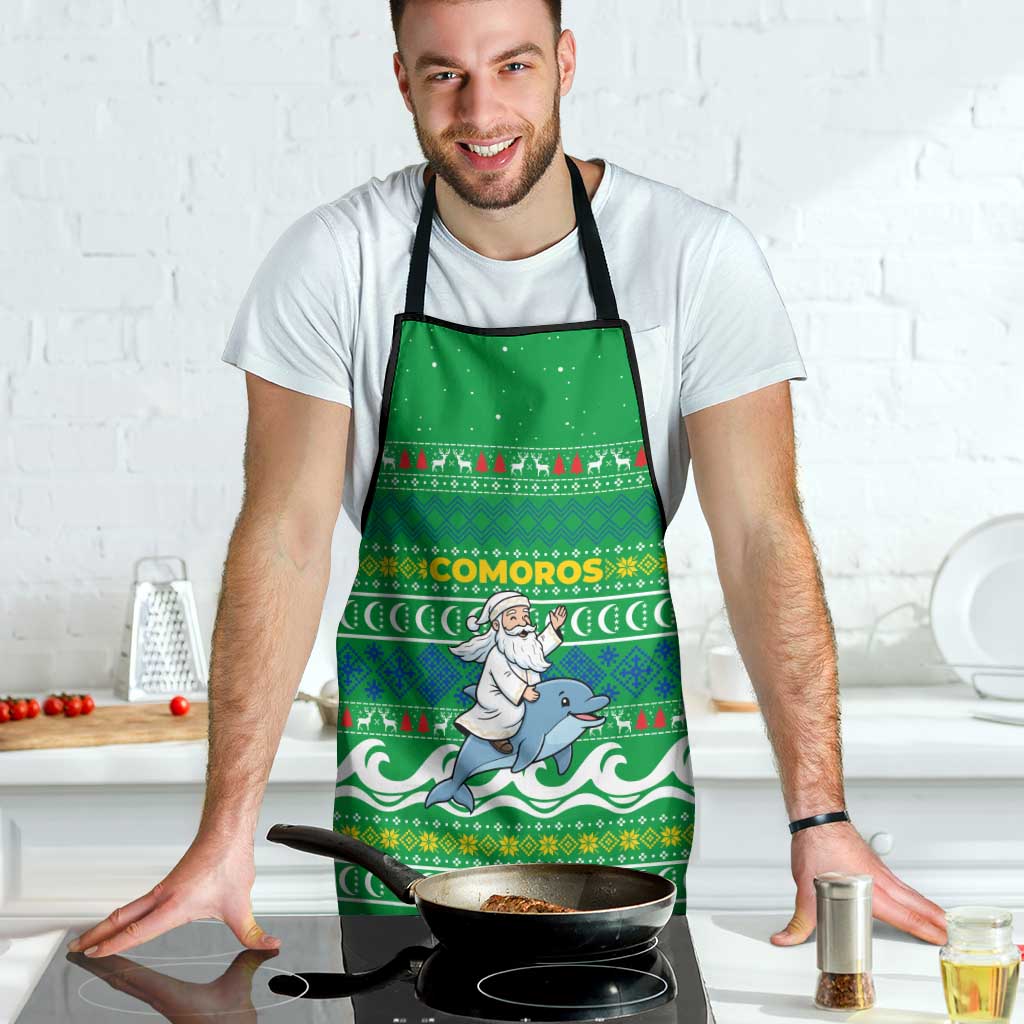 Comoros Christmas Apron with Santa Riding Dolphin Ocean Waves Crescent Moon and Tribal Pattern - Wonder Print Shop