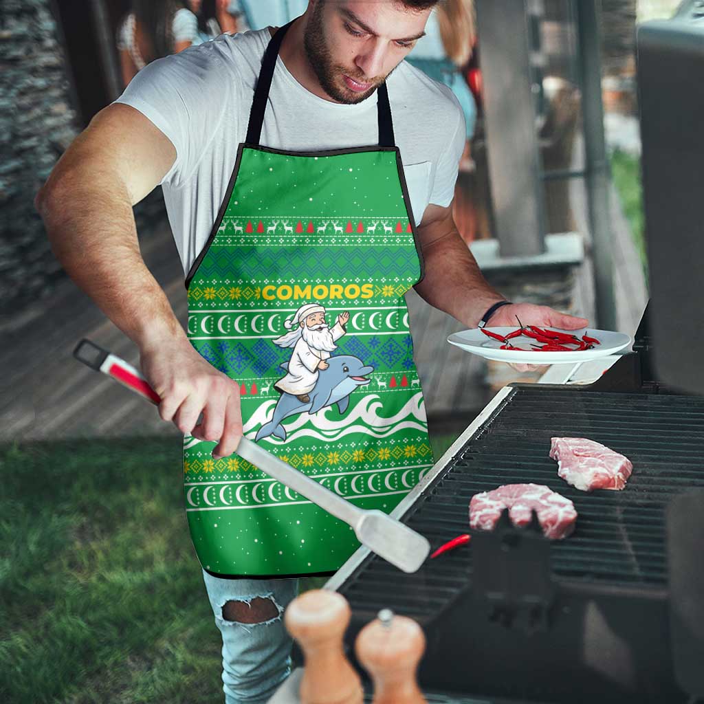 Comoros Christmas Apron with Santa Riding Dolphin Ocean Waves Crescent Moon and Tribal Pattern - Wonder Print Shop