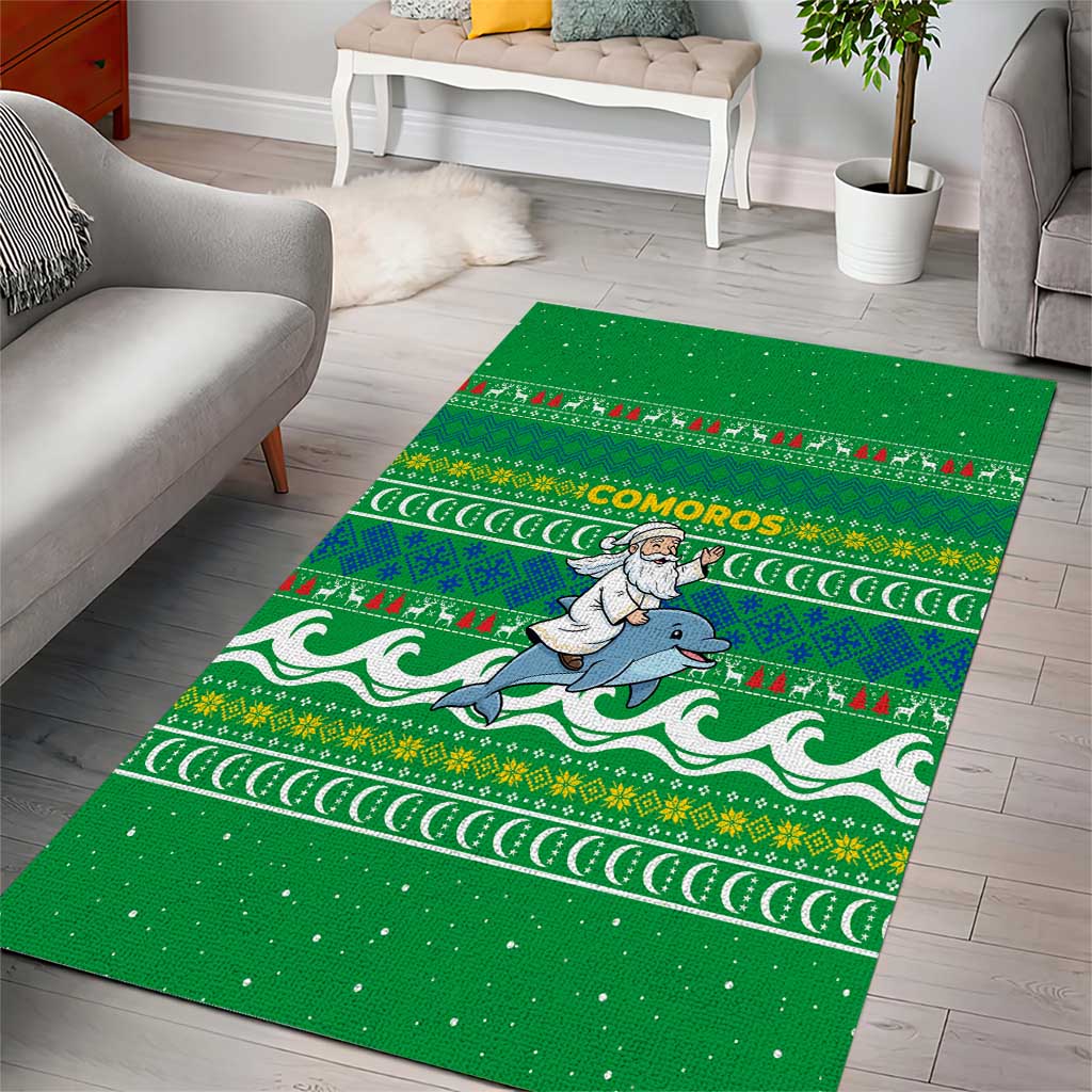 Comoros Christmas Area Rug with Santa Riding Dolphin Ocean Waves Crescent Moon and Tribal Pattern - Wonder Print Shop