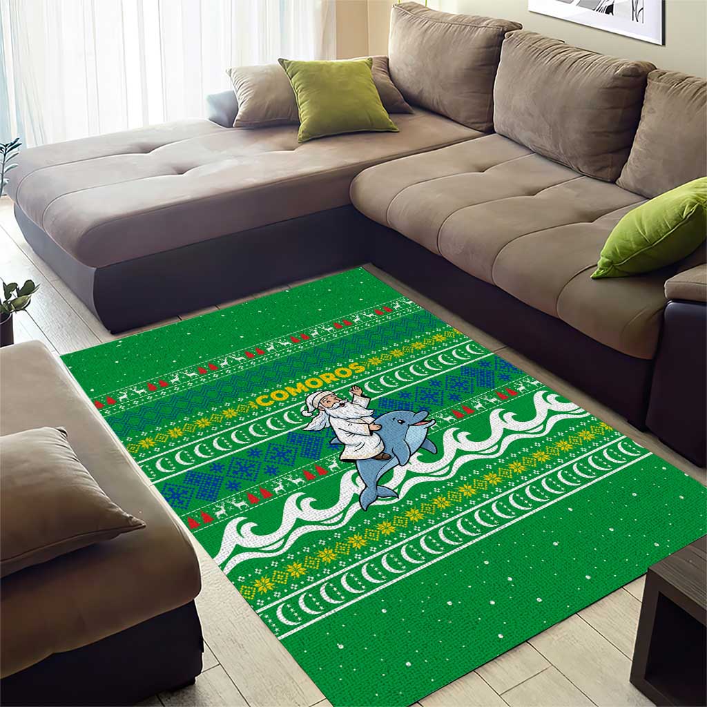 Comoros Christmas Area Rug with Santa Riding Dolphin Ocean Waves Crescent Moon and Tribal Pattern - Wonder Print Shop