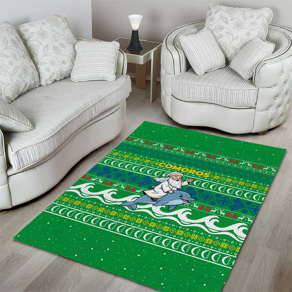 Comoros Christmas Area Rug with Santa Riding Dolphin Ocean Waves Crescent Moon and Tribal Pattern - Wonder Print Shop
