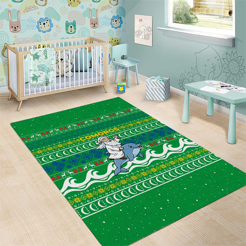 Comoros Christmas Area Rug with Santa Riding Dolphin Ocean Waves Crescent Moon and Tribal Pattern - Wonder Print Shop