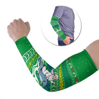 Comoros Christmas Arm Sleeves with Santa Riding Dolphin Ocean Waves Crescent Moon and Tribal Pattern - Wonder Print Shop