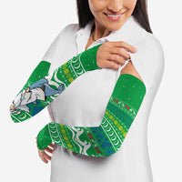 Comoros Christmas Arm Sleeves with Santa Riding Dolphin Ocean Waves Crescent Moon and Tribal Pattern - Wonder Print Shop