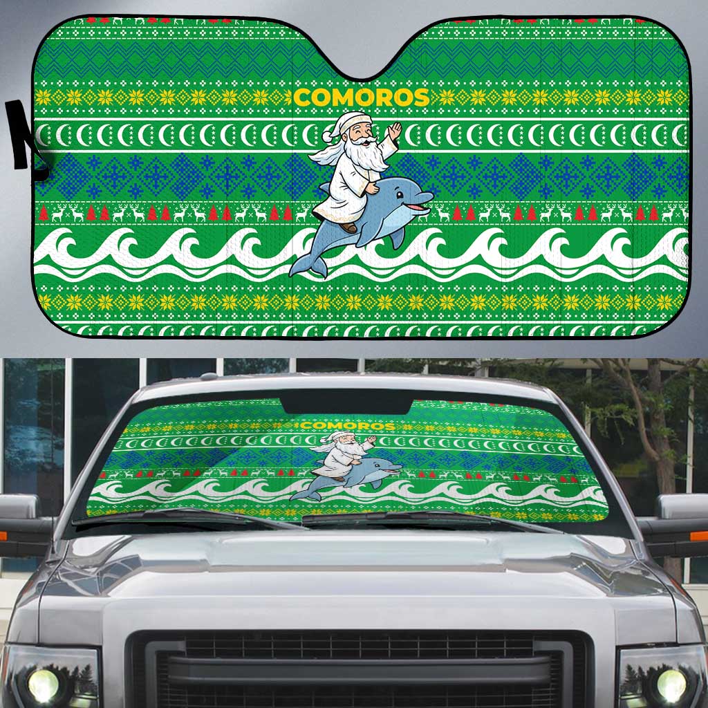 Comoros Christmas Auto Sun Shade with Santa Riding Dolphin Ocean Waves Crescent Moon and Tribal Pattern - Wonder Print Shop