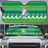Comoros Christmas Auto Sun Shade with Santa Riding Dolphin Ocean Waves Crescent Moon and Tribal Pattern - Wonder Print Shop