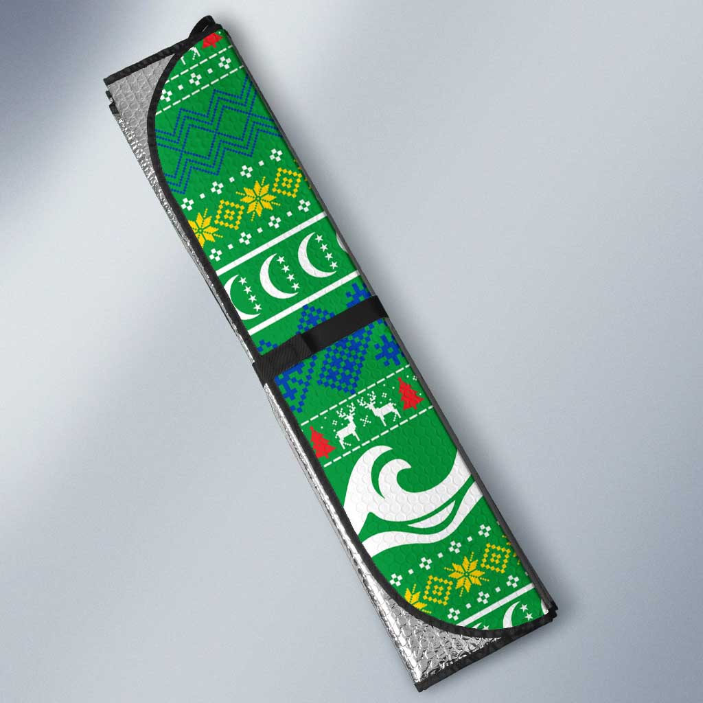 Comoros Christmas Auto Sun Shade with Santa Riding Dolphin Ocean Waves Crescent Moon and Tribal Pattern - Wonder Print Shop
