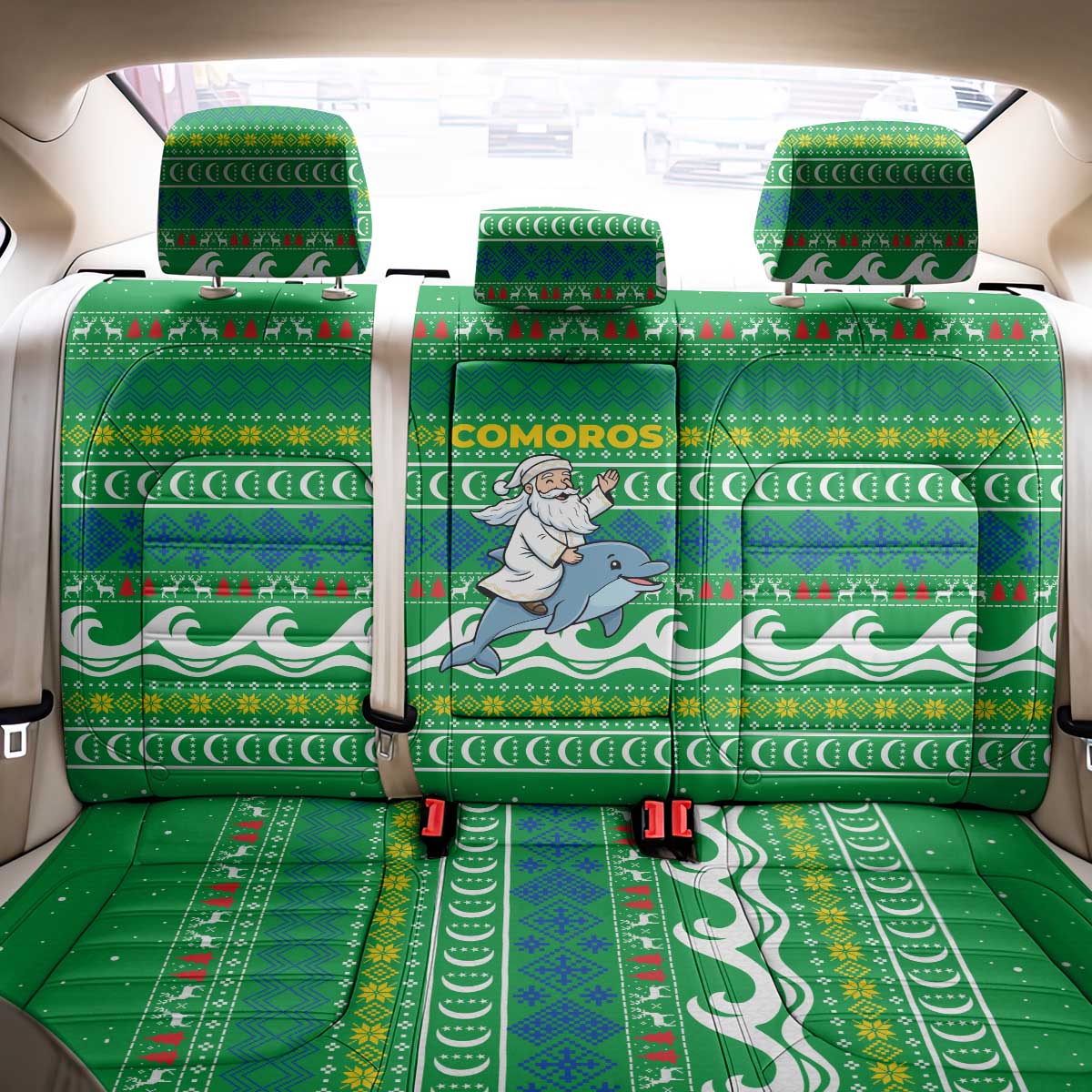 Comoros Christmas Back Car Seat Cover with Santa Riding Dolphin Ocean Waves Crescent Moon and Tribal Pattern - Wonder Print Shop