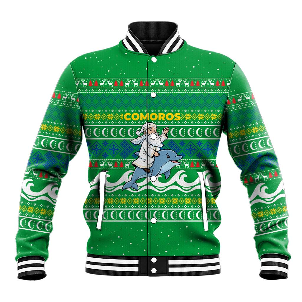 Comoros Christmas Baseball Jacket with Santa Riding Dolphin Ocean Waves Crescent Moon and Tribal Pattern - Wonder Print Shop