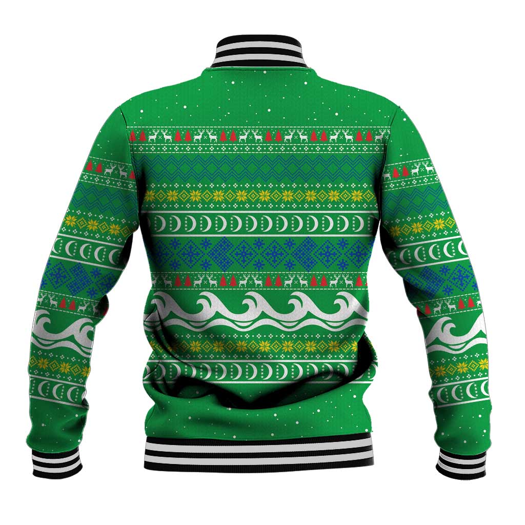 Comoros Christmas Baseball Jacket with Santa Riding Dolphin Ocean Waves Crescent Moon and Tribal Pattern - Wonder Print Shop
