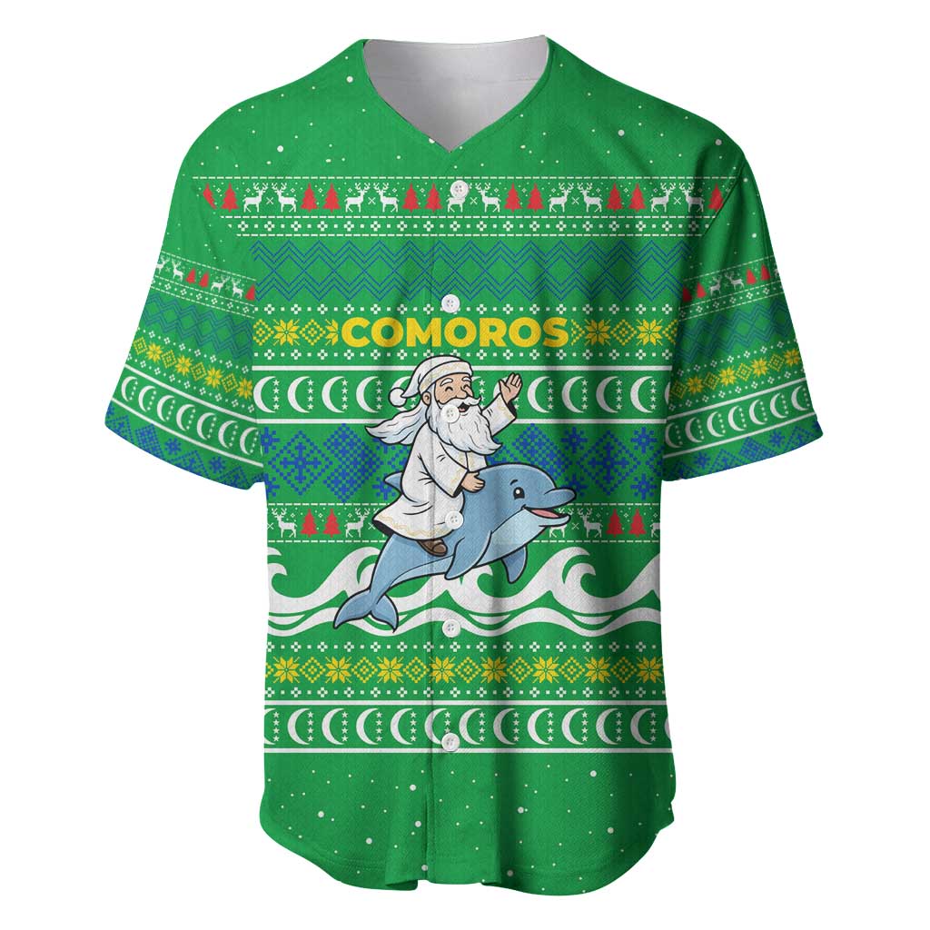 Comoros Christmas Baseball Jersey with Santa Riding Dolphin Ocean Waves Crescent Moon and Tribal Pattern - Wonder Print Shop