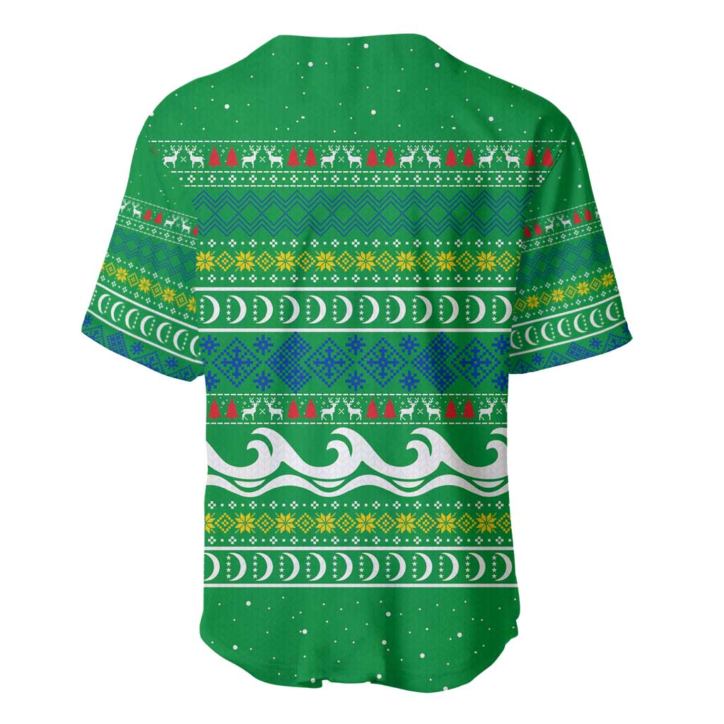 Comoros Christmas Baseball Jersey with Santa Riding Dolphin Ocean Waves Crescent Moon and Tribal Pattern - Wonder Print Shop