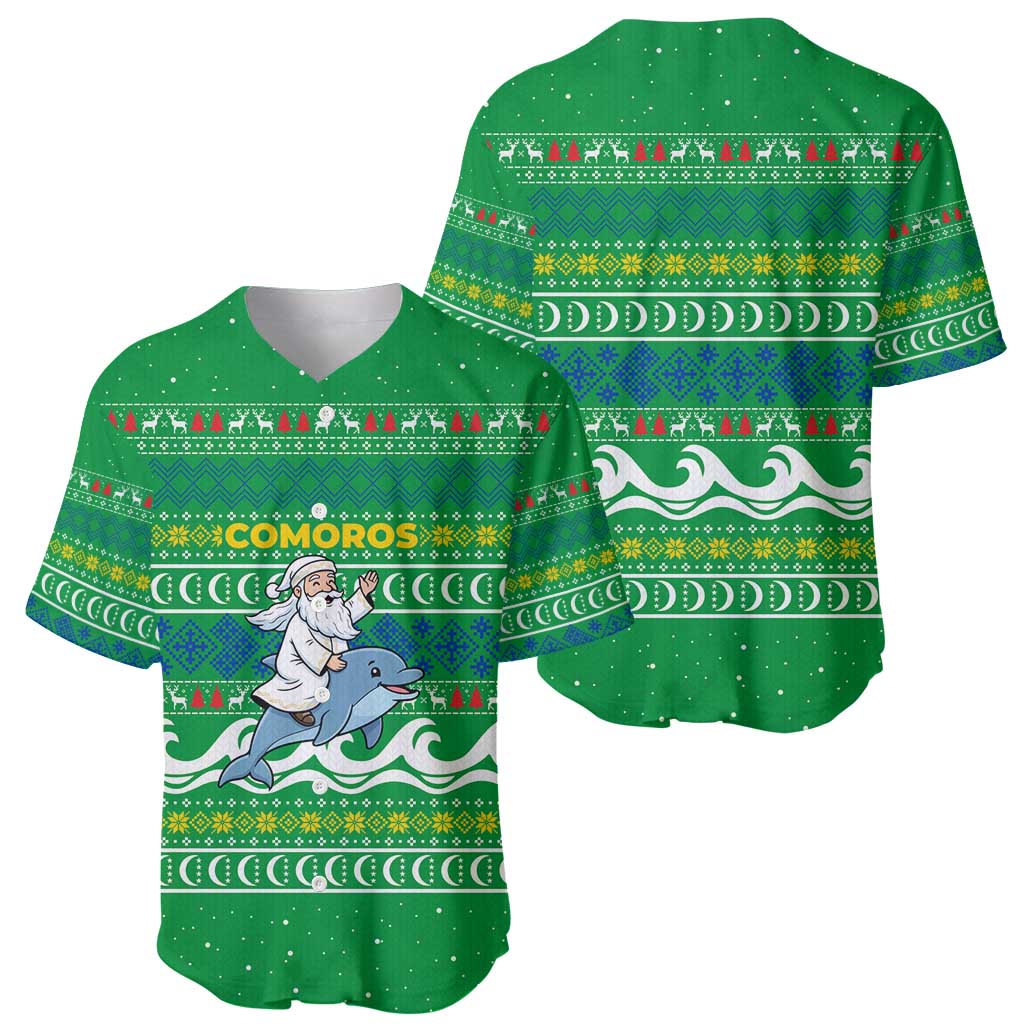 Comoros Christmas Baseball Jersey with Santa Riding Dolphin Ocean Waves Crescent Moon and Tribal Pattern - Wonder Print Shop
