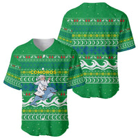 Comoros Christmas Baseball Jersey with Santa Riding Dolphin Ocean Waves Crescent Moon and Tribal Pattern - Wonder Print Shop