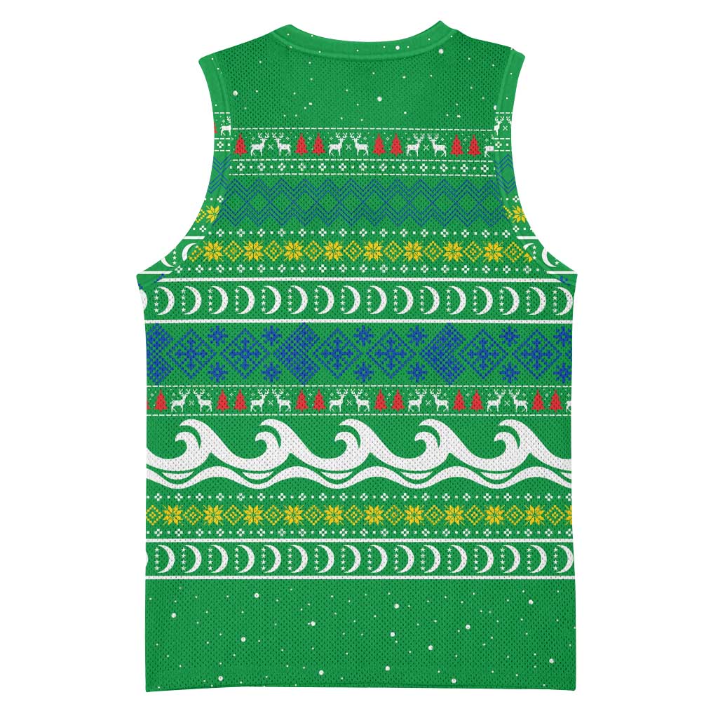 Comoros Christmas Basketball Jersey with Santa Riding Dolphin Ocean Waves Crescent Moon and Tribal Pattern - Wonder Print Shop