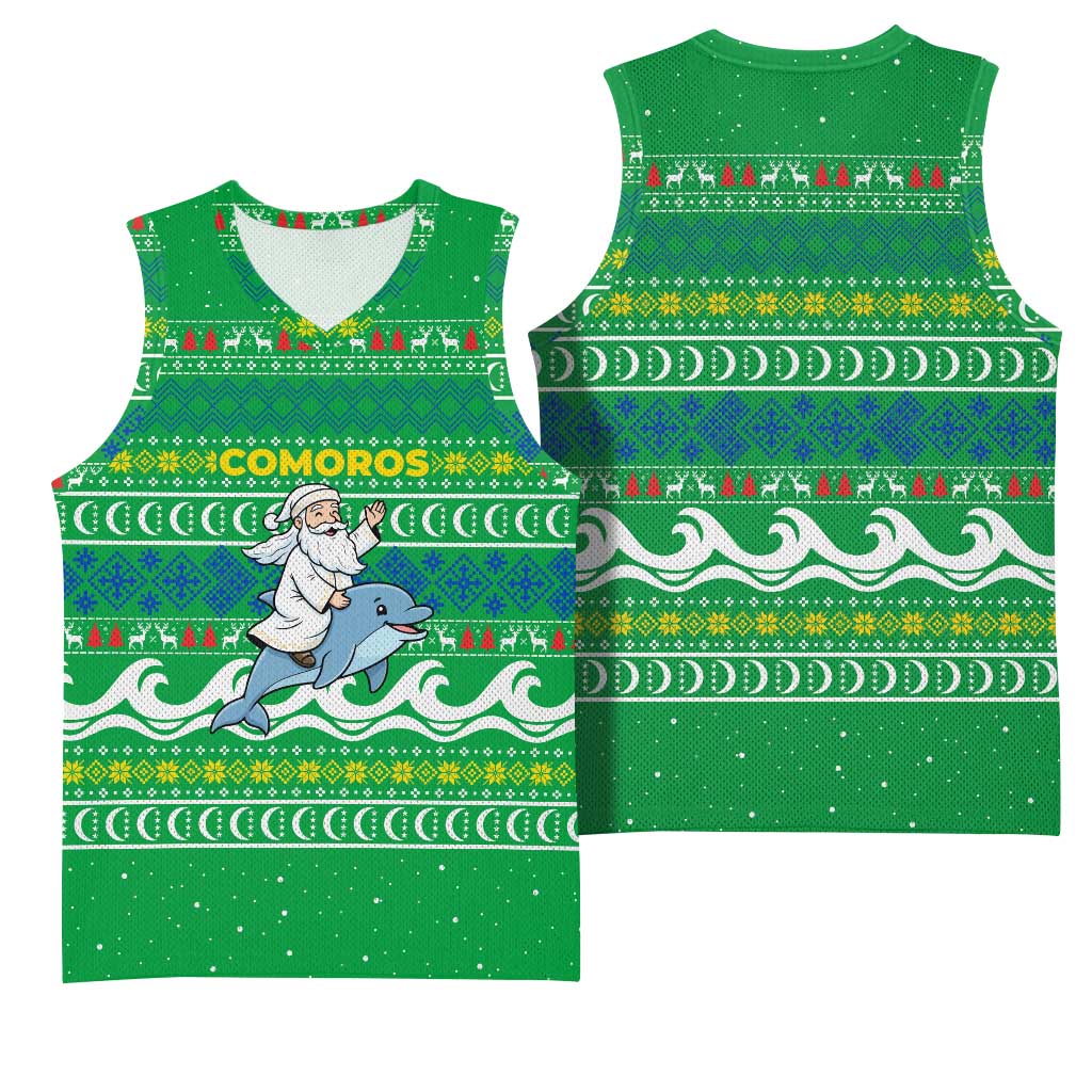 Comoros Christmas Basketball Jersey with Santa Riding Dolphin Ocean Waves Crescent Moon and Tribal Pattern - Wonder Print Shop
