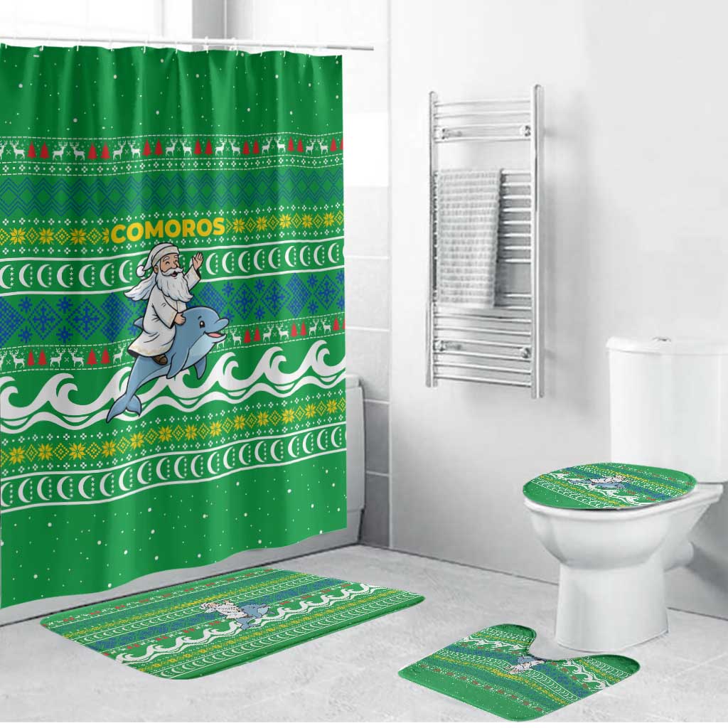 Comoros Christmas Bathroom Set with Santa Riding Dolphin Ocean Waves Crescent Moon and Tribal Pattern - Wonder Print Shop