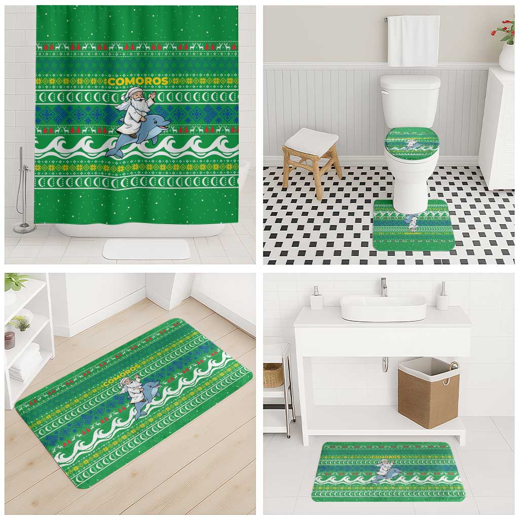 Comoros Christmas Bathroom Set with Santa Riding Dolphin Ocean Waves Crescent Moon and Tribal Pattern - Wonder Print Shop