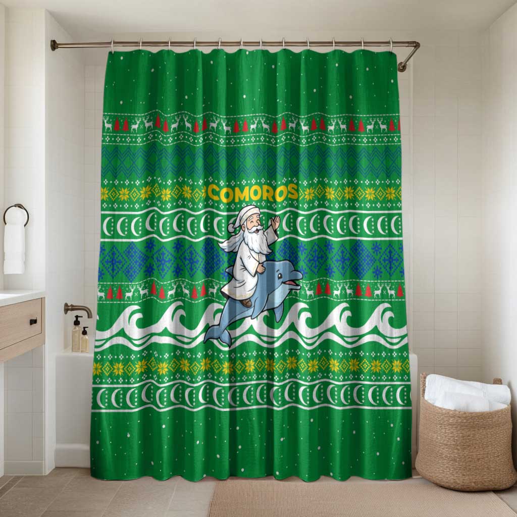 Comoros Christmas Bathroom Set with Santa Riding Dolphin Ocean Waves Crescent Moon and Tribal Pattern - Wonder Print Shop