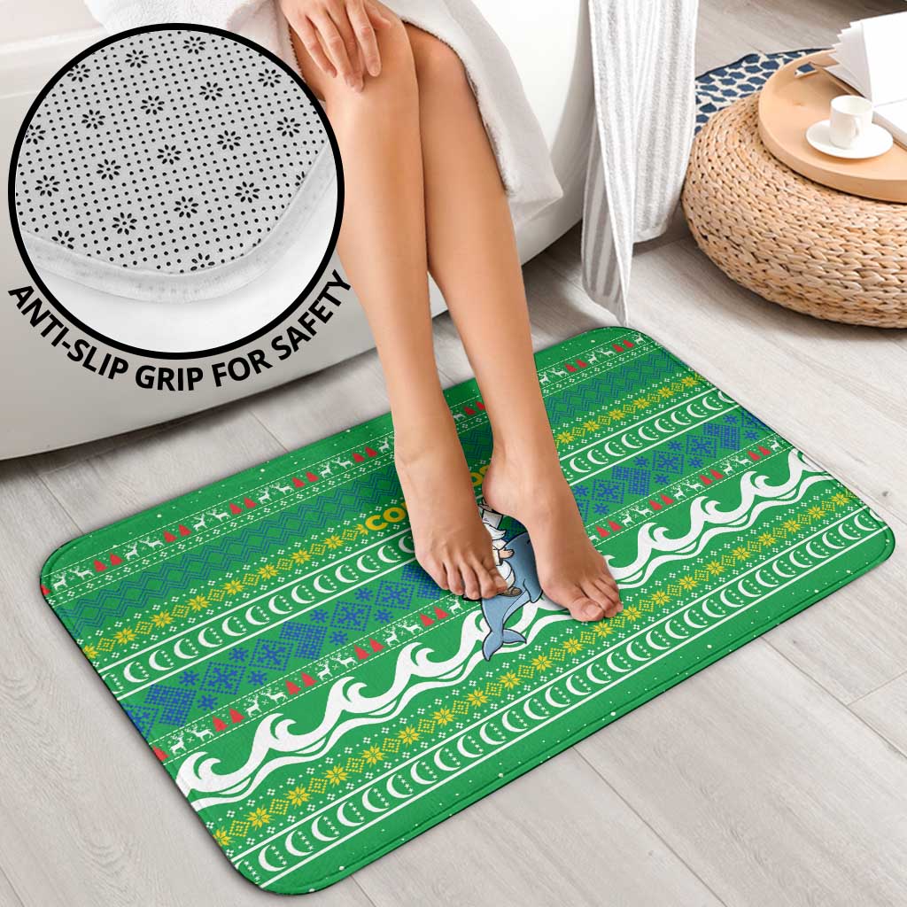 Comoros Christmas Bathroom Set with Santa Riding Dolphin Ocean Waves Crescent Moon and Tribal Pattern - Wonder Print Shop