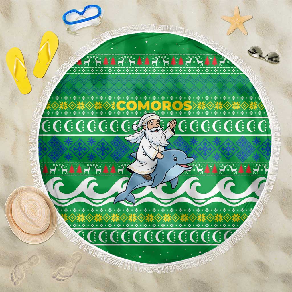 Comoros Christmas Beach Blanket with Santa Riding Dolphin Ocean Waves Crescent Moon and Tribal Pattern - Wonder Print Shop