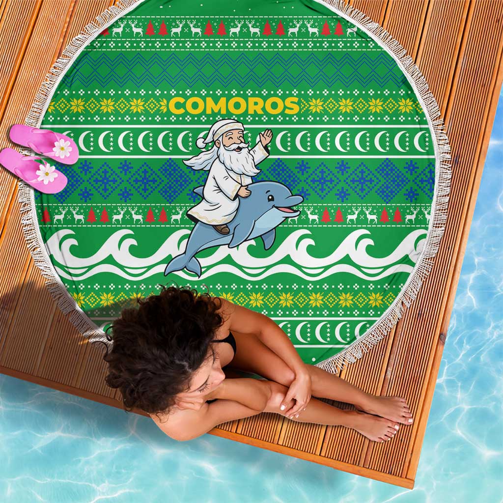 Comoros Christmas Beach Blanket with Santa Riding Dolphin Ocean Waves Crescent Moon and Tribal Pattern - Wonder Print Shop