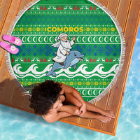 Comoros Christmas Beach Blanket with Santa Riding Dolphin Ocean Waves Crescent Moon and Tribal Pattern - Wonder Print Shop