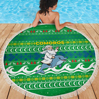 Comoros Christmas Beach Blanket with Santa Riding Dolphin Ocean Waves Crescent Moon and Tribal Pattern - Wonder Print Shop