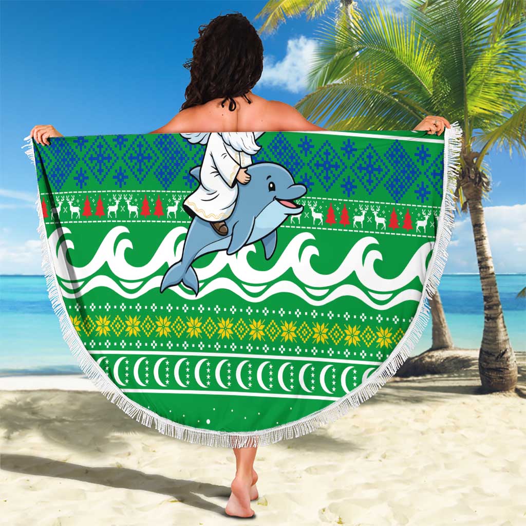 Comoros Christmas Beach Blanket with Santa Riding Dolphin Ocean Waves Crescent Moon and Tribal Pattern - Wonder Print Shop