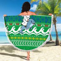 Comoros Christmas Beach Blanket with Santa Riding Dolphin Ocean Waves Crescent Moon and Tribal Pattern - Wonder Print Shop