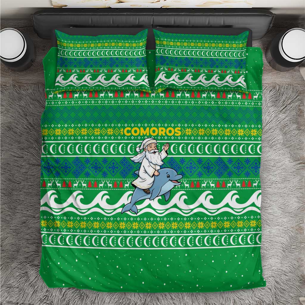 Comoros Christmas Bedding Set with Santa Riding Dolphin Ocean Waves Crescent Moon and Tribal Pattern - Wonder Print Shop