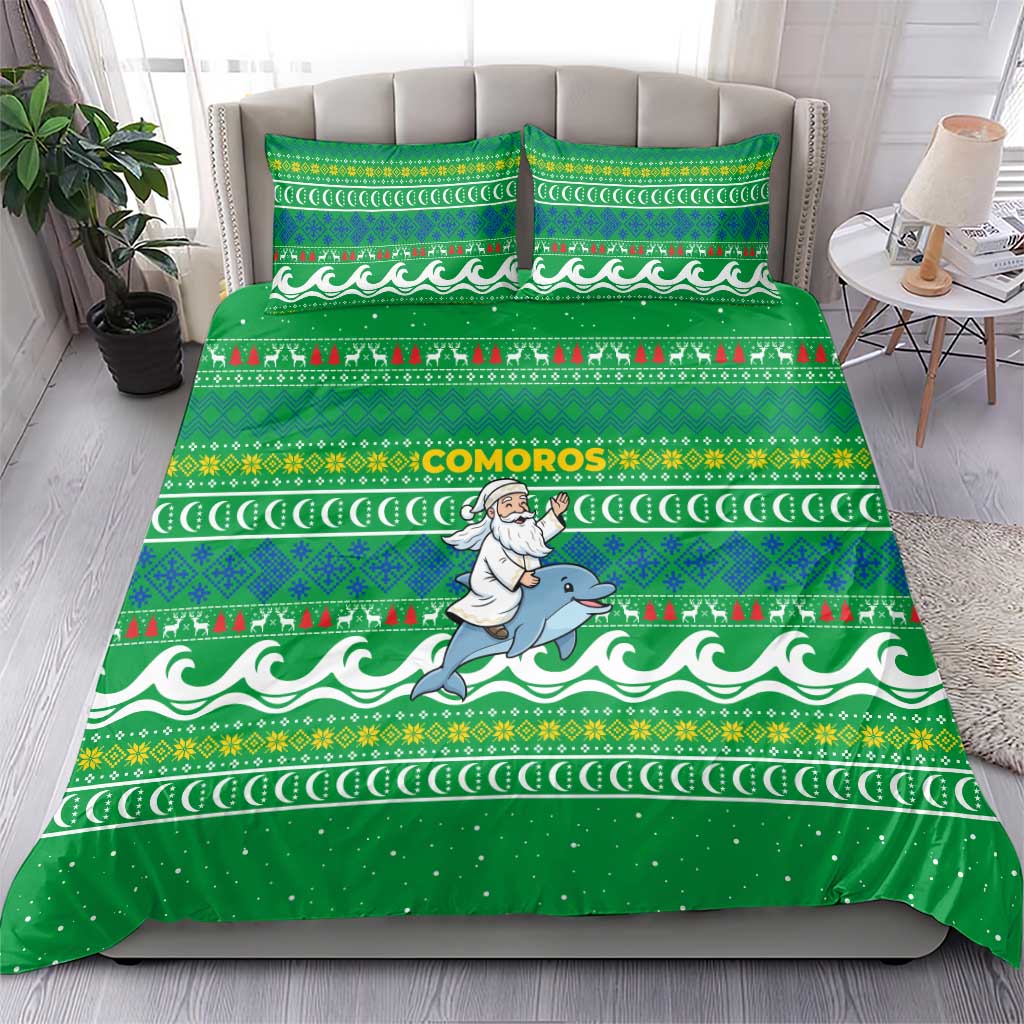 Comoros Christmas Bedding Set with Santa Riding Dolphin Ocean Waves Crescent Moon and Tribal Pattern - Wonder Print Shop