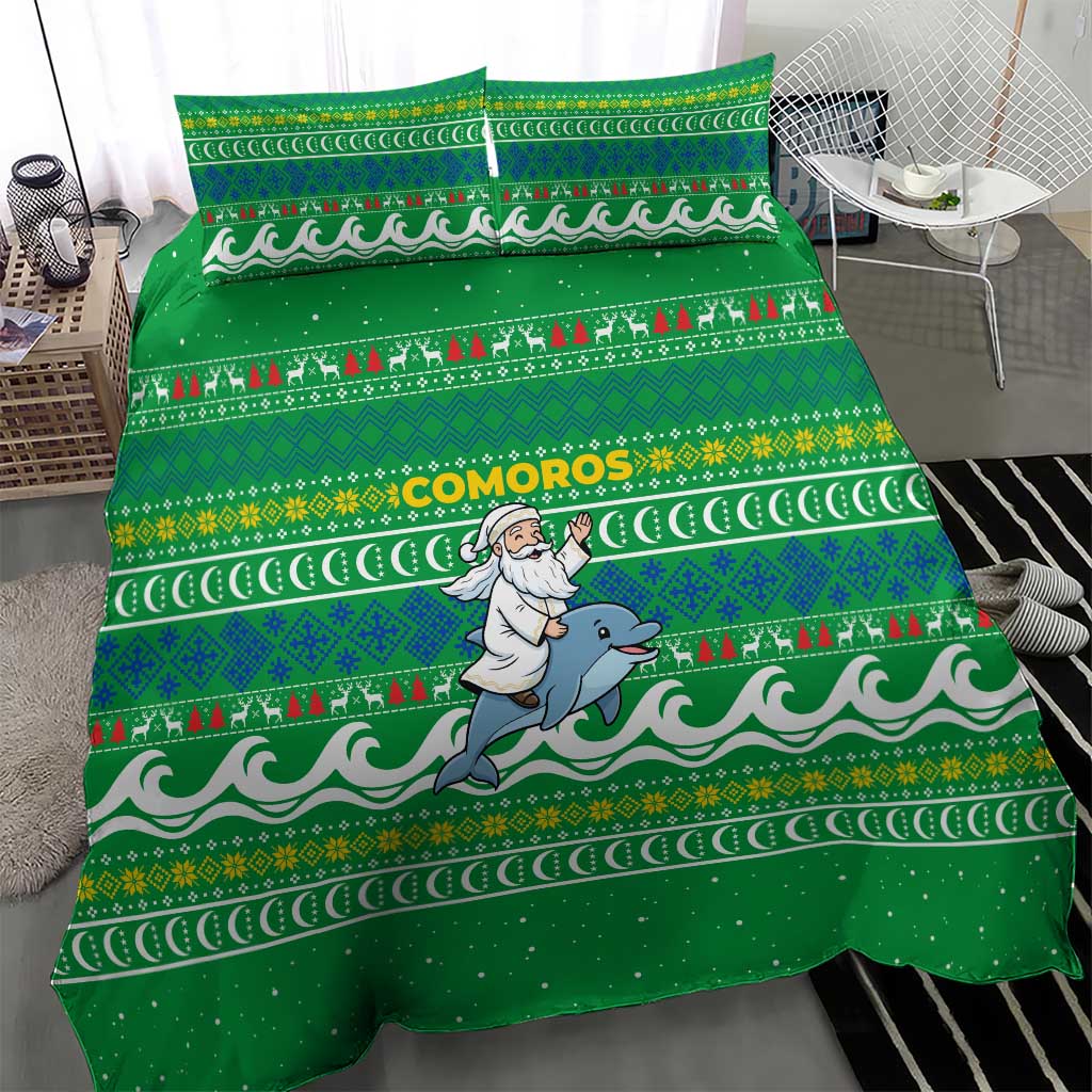 Comoros Christmas Bedding Set with Santa Riding Dolphin Ocean Waves Crescent Moon and Tribal Pattern - Wonder Print Shop