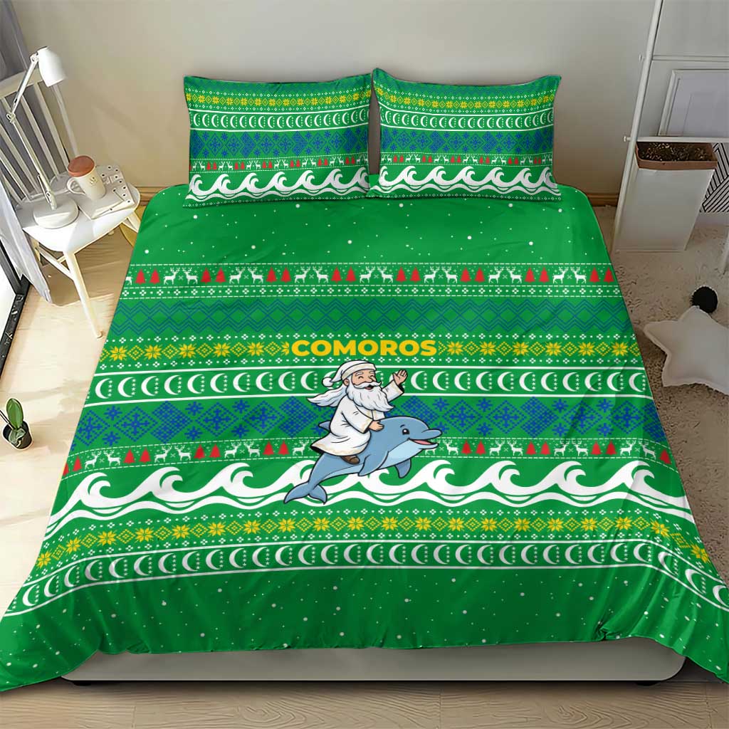 Comoros Christmas Bedding Set with Santa Riding Dolphin Ocean Waves Crescent Moon and Tribal Pattern - Wonder Print Shop