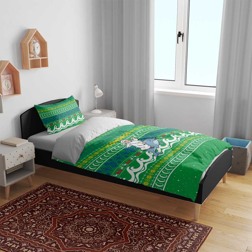 Comoros Christmas Bedding Set with Santa Riding Dolphin Ocean Waves Crescent Moon and Tribal Pattern - Wonder Print Shop