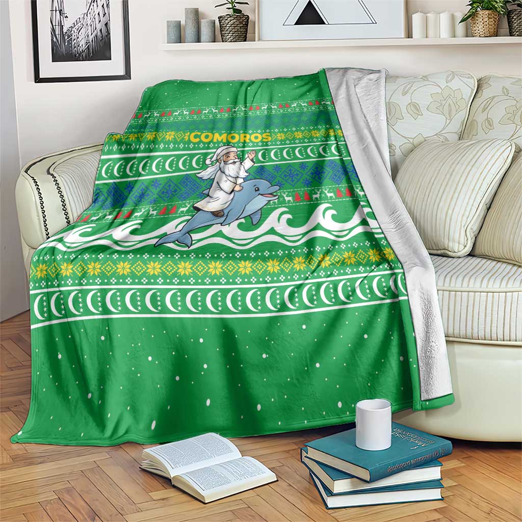 Comoros Christmas Blanket with Santa Riding Dolphin Ocean Waves Crescent Moon and Tribal Pattern - Wonder Print Shop