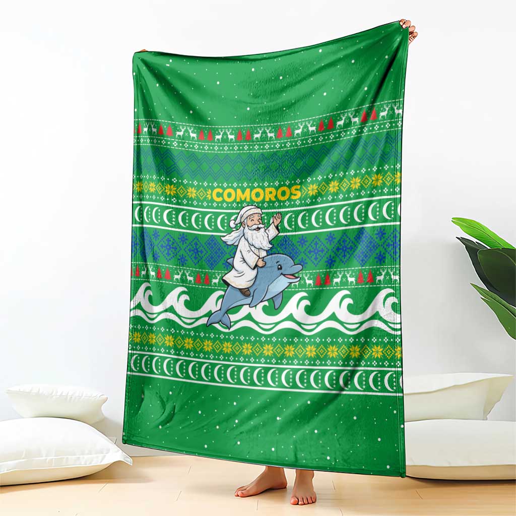 Comoros Christmas Blanket with Santa Riding Dolphin Ocean Waves Crescent Moon and Tribal Pattern - Wonder Print Shop