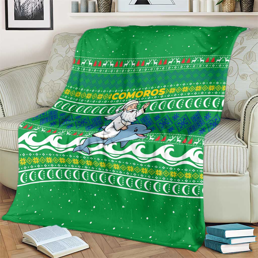 Comoros Christmas Blanket with Santa Riding Dolphin Ocean Waves Crescent Moon and Tribal Pattern - Wonder Print Shop