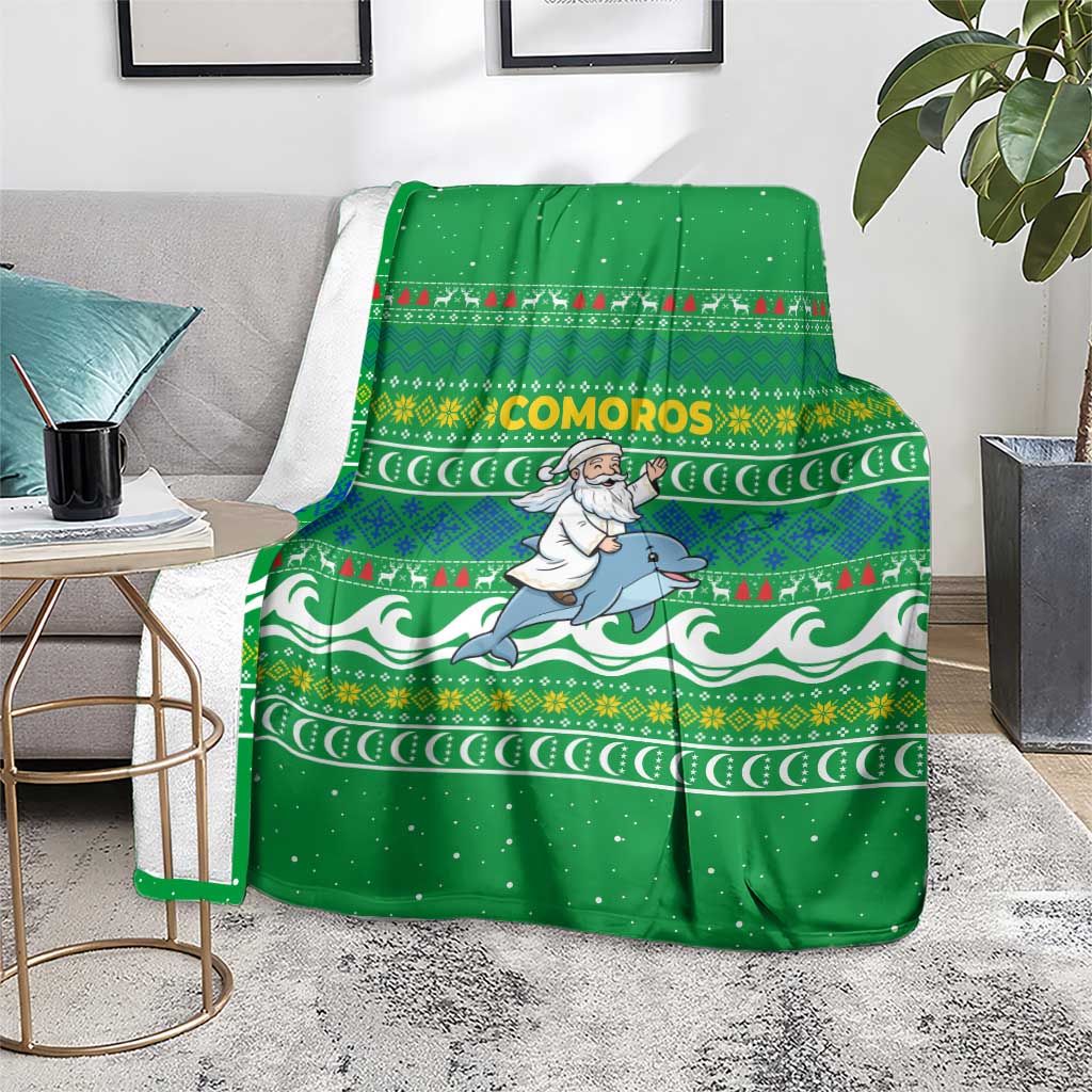 Comoros Christmas Blanket with Santa Riding Dolphin Ocean Waves Crescent Moon and Tribal Pattern - Wonder Print Shop