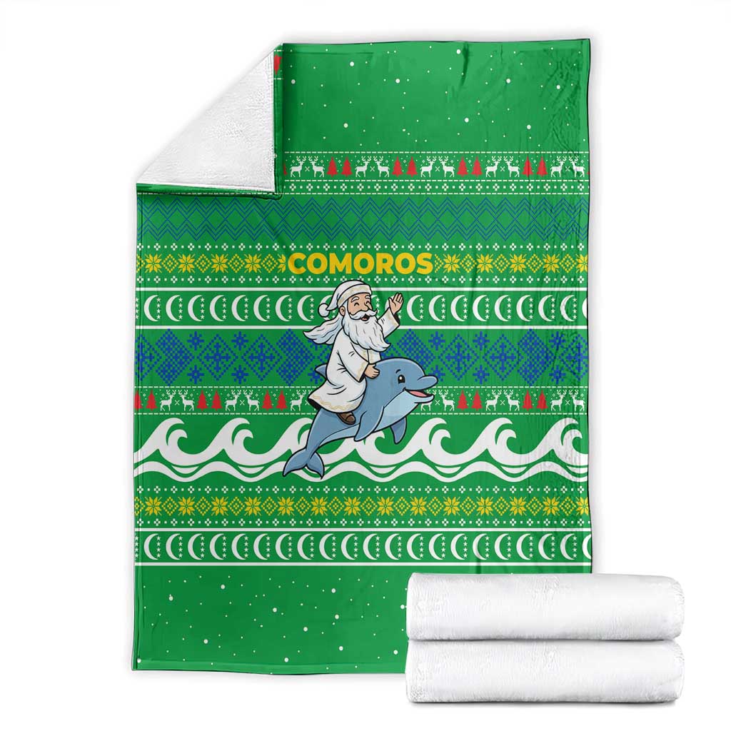 Comoros Christmas Blanket with Santa Riding Dolphin Ocean Waves Crescent Moon and Tribal Pattern - Wonder Print Shop